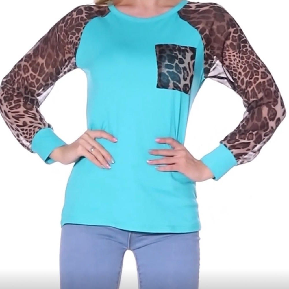 NWT OMSJ Leopard Animal Print Patchwork Plus LS Shirt Top Blouse Women’s Size L - Picture 2 of 13